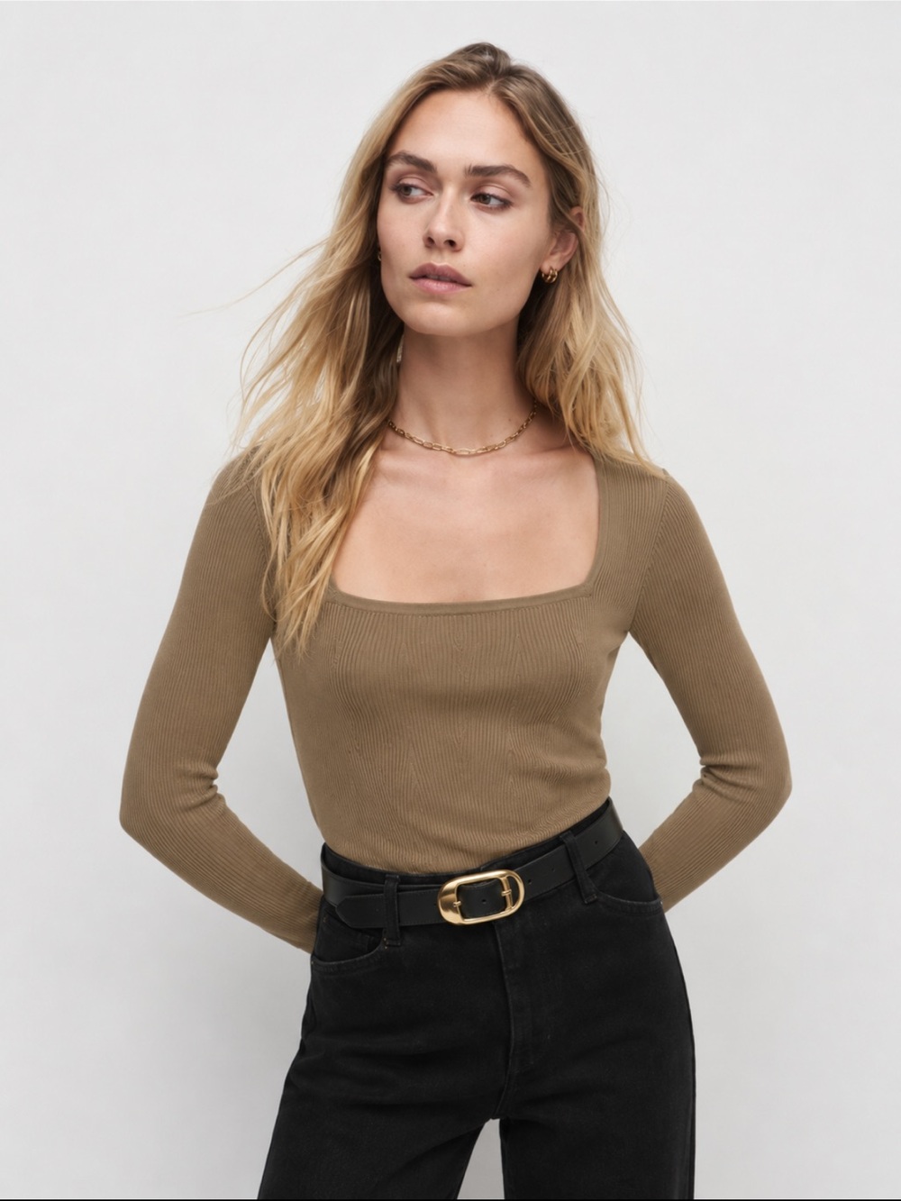 Favorite Daughter Swearer Harvey Square-Neck Finely Jersey Ribbed in Tan